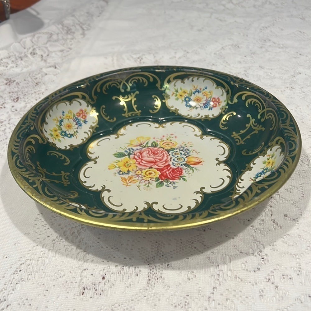 Daher Green Floral 10” Aluminum Tin Bowl Tray Made in England 1970's